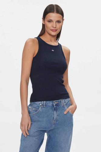 Tommy Jeans γυναικείο αμάνικο τοπ μονόχρωμο ribbed με κεντημένο λογότυπο Slim Fit - DW0DW17382 Μπλε Σκούρο